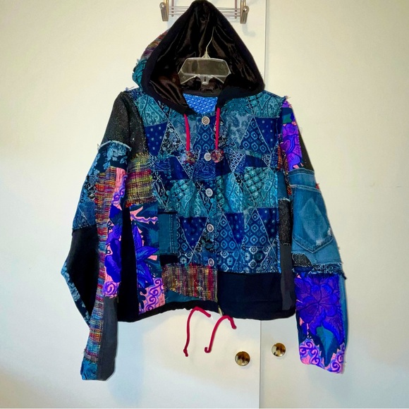 Hand Crafted Jackets & Blazers - Upcycled Hoodie Sweatshirt Jacket Patchwork Fabric Scraps Frayed Apocalyptic
